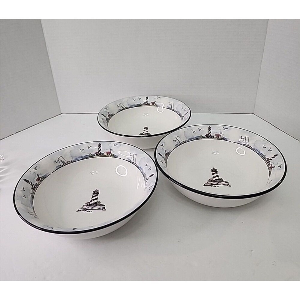 Totally Today Coastal Lighthouse Bowls Stoneware Soup Cereal 7.25" Vtg Set of 3